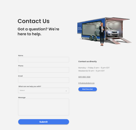 Autobon contact page with a customer enquiry form