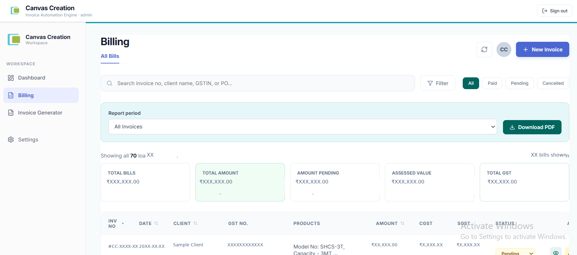 CanvasBILL product screen 2